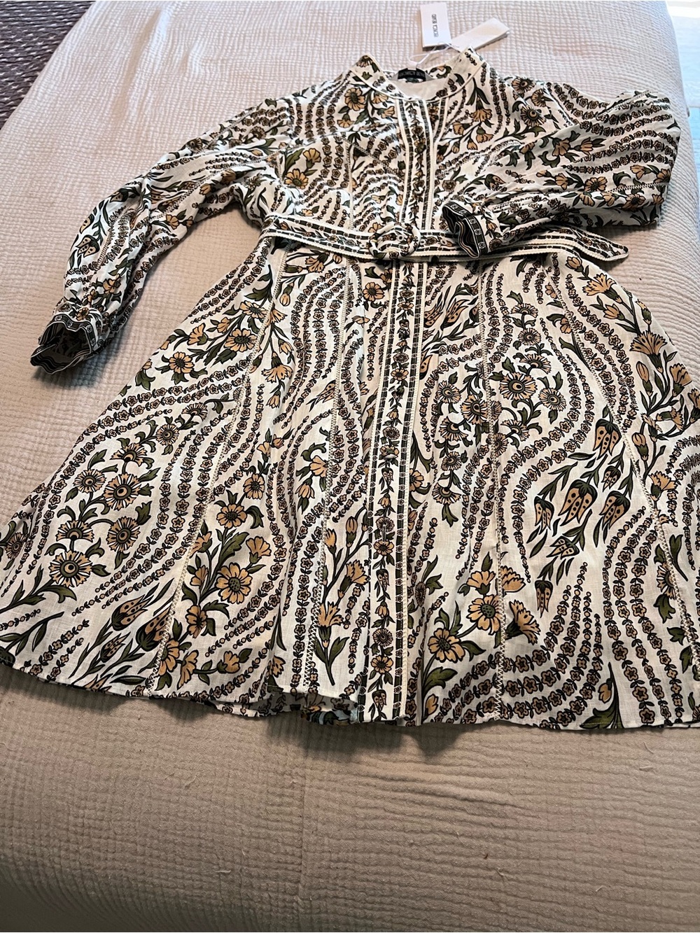 Veronica Beard Ivory Floral Belted Long-Sleeve Shirt Dress